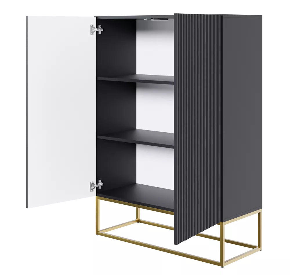 Veldio dviejų durų komoda su frezuotu fasadu 90 cm, juoda su auksinėmis kojelėmis