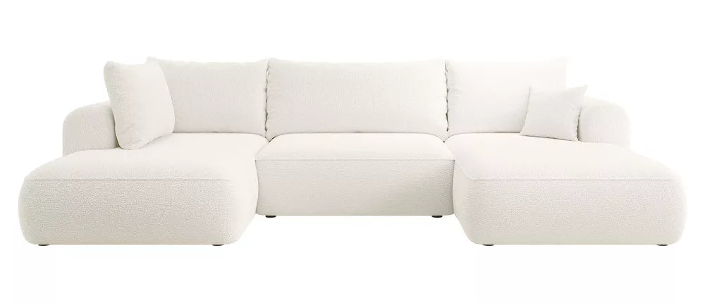 Kampinė sofa Ovo U formos su miegojimo funkcija ir talpykla, kreminis boucle, kairinė