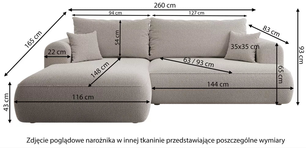 Kampas su miegojimo funkcija Ovo L formos pilkas su talpykla boucle dešinysis
