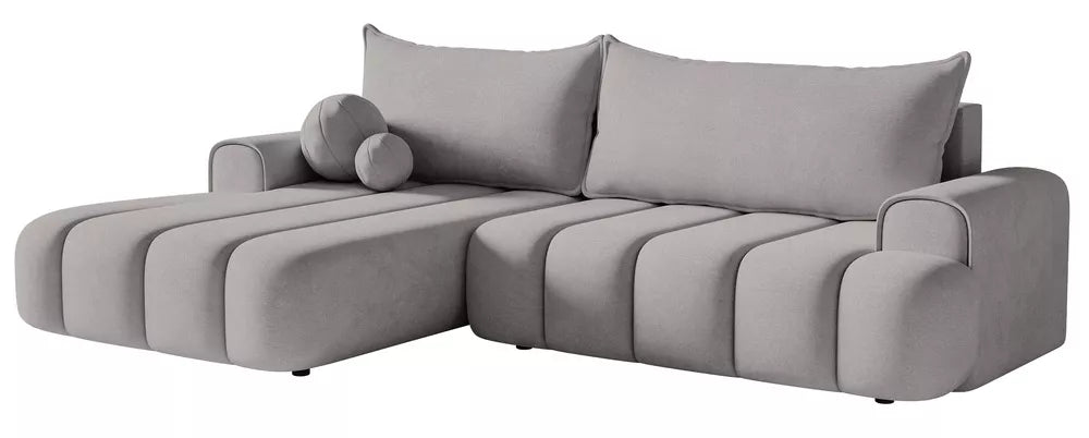 Kampinė sofa Dandelino su miegojimo funkcija, L formos, kairinė, su talpykla, pilko veliūro