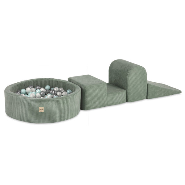 Kamuoliukų baseinas Plush Nest 90×30 cm, žalia, premium velvetas, 200 kamuoliukų