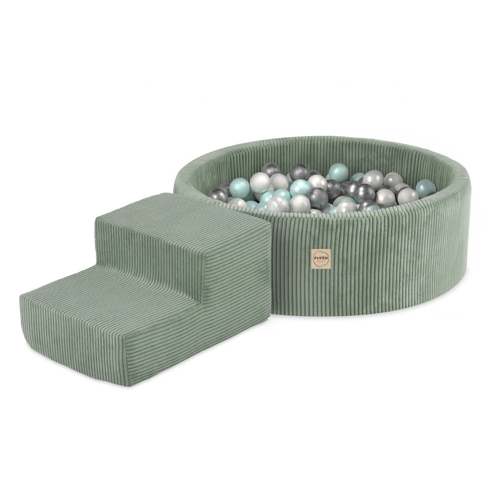 Kamuoliukų baseinas Plush Nest 90×30 cm, žalia, premium velvetas, laiptelis, 200 kamuoliukų