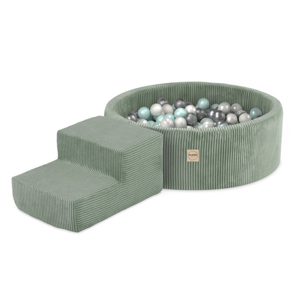 Kamuoliukų baseinas Plush Nest 90×30 cm, žalia, premium velvetas, laiptelis, 200 kamuoliukų