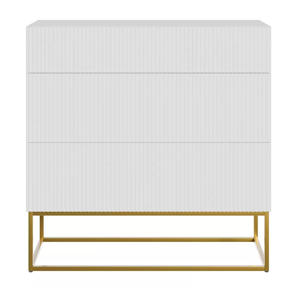 Komoda Veldio su frezuotu priekiu ir trimis stalčiais 90 cm Balta su auksinėmis kojomis