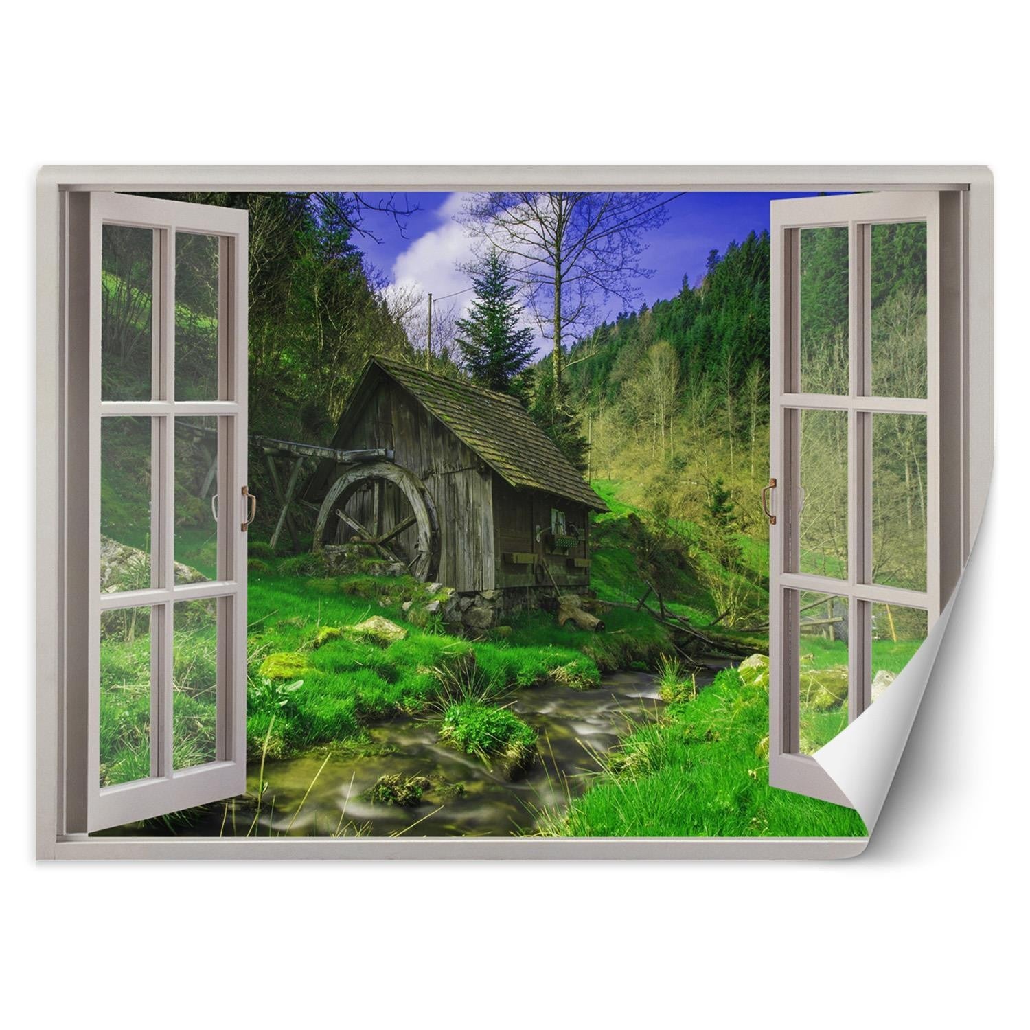 Fototapetai, Langas - vaizdas į namelį miške