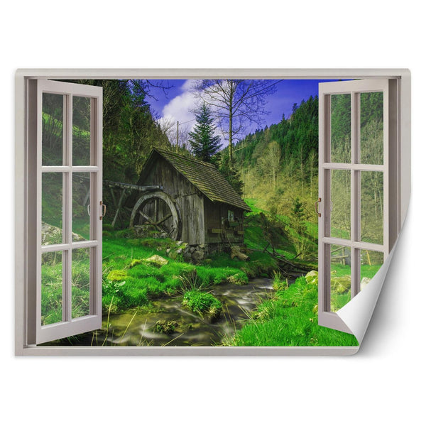 Fototapetai, Langas - vaizdas į namelį miške