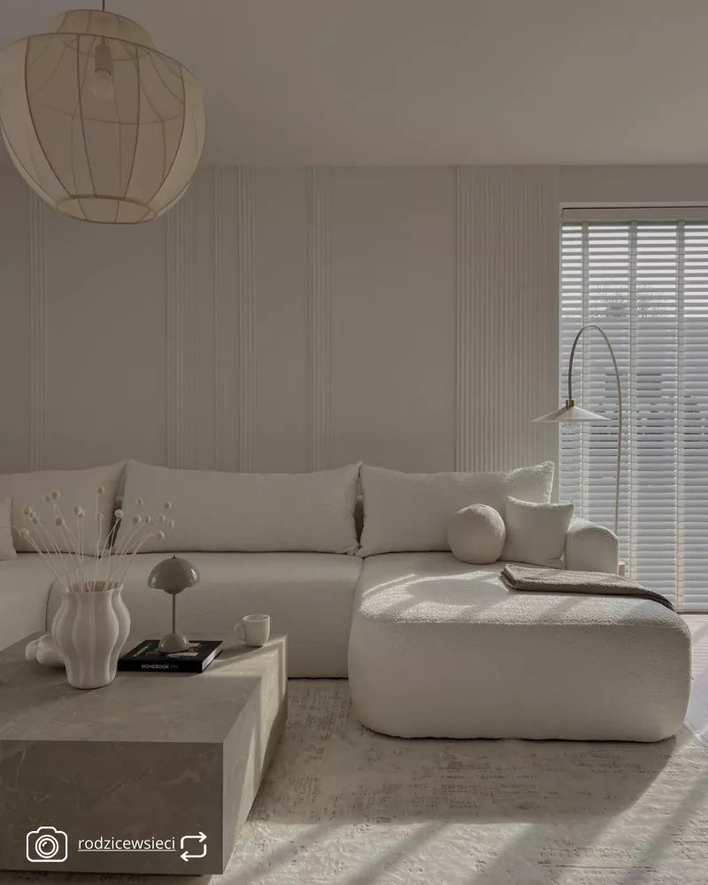 Kampinė sofa Ovo U formos su miegojimo funkcija ir talpykla, kreminis boucle, kairinė