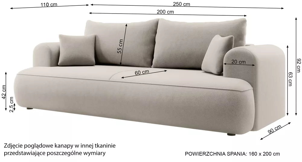 Trijų vietų išlankstoma sofa Ovo su talpykla, kreminis veliūras, lengvai valomas audinys
