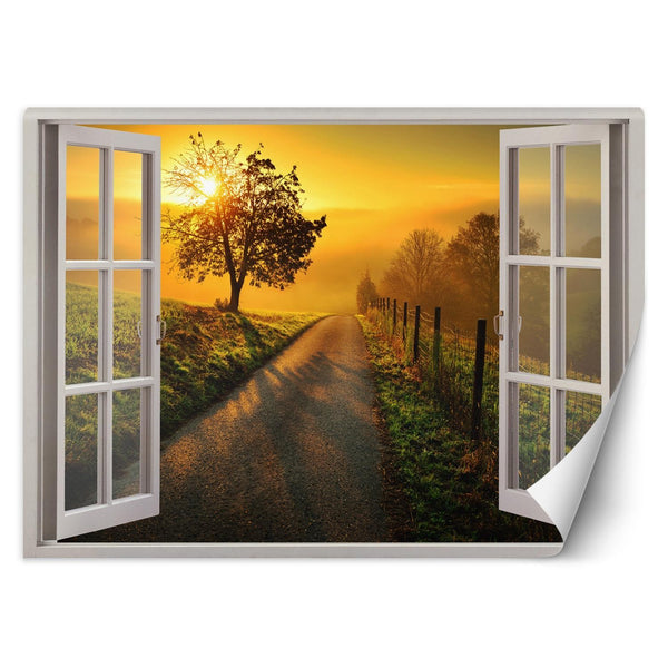 Fototapetai, Langas - saulėlydis virš kelio