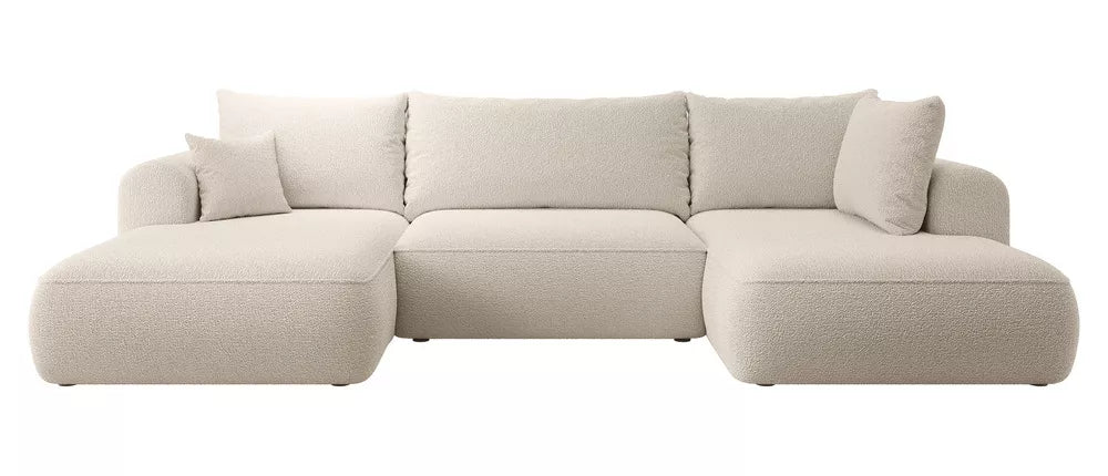 Kampinė sofa Ovo su miegojimo funkcija, U formos, su talpykla, smėlio spalvos boucle, dešininė