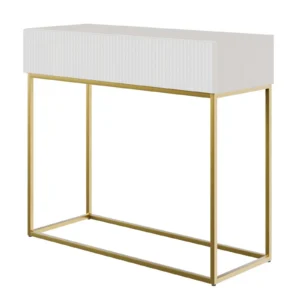 Veldio konsolė su frezuotu priekiu ir stalčiumi, 90 cm, balta, su auksinėmis kojomis