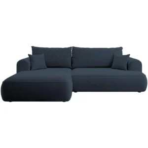 Kampinė sofa Ovo, L formos, tamsiai mėlynos spalvos veliūro, su talpykla iš lengvai valomo audinio, kairinė