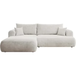 Kampinė sofa su miegojimo funkcija Ovo Cord L formos kairinė su talpykla balto gobeleno