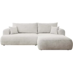 Kampinė sofa su miegojimo funkcija Ovo Cord L formos dešininė su talpykla balto veliūro