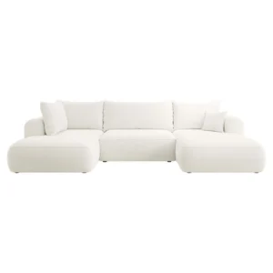 Kampinė sofa Ovo U formos su miegojimo funkcija ir talpykla, kreminis boucle, kairinė