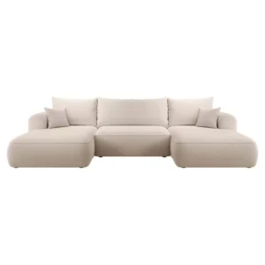 Kampinė sofa Ovo su miegojimo funkcija, U formos, su talpykla, smėlio spalvos boucle, dešininė